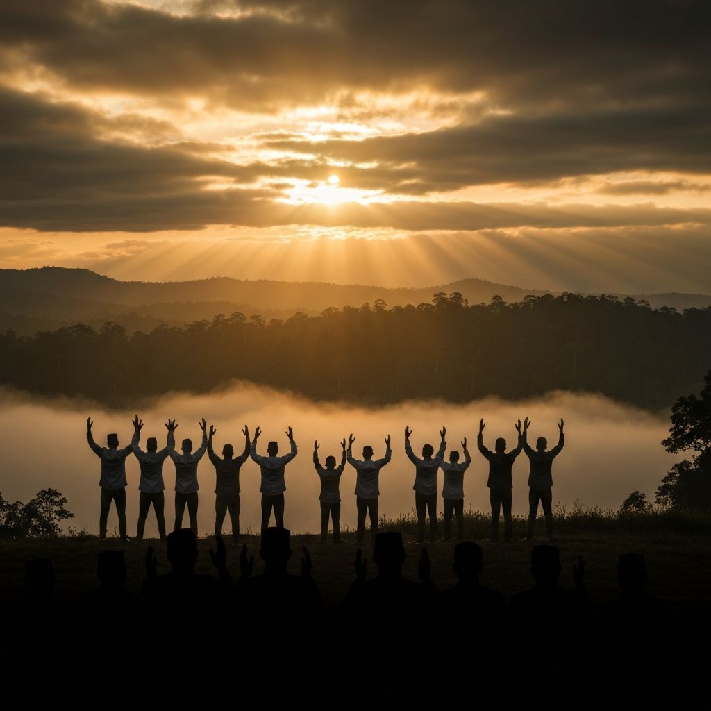 Lelaki Malaysia berdiri di atas bukit Sabah pada waktu fajar keemasan, tangan diangkat dalam doa